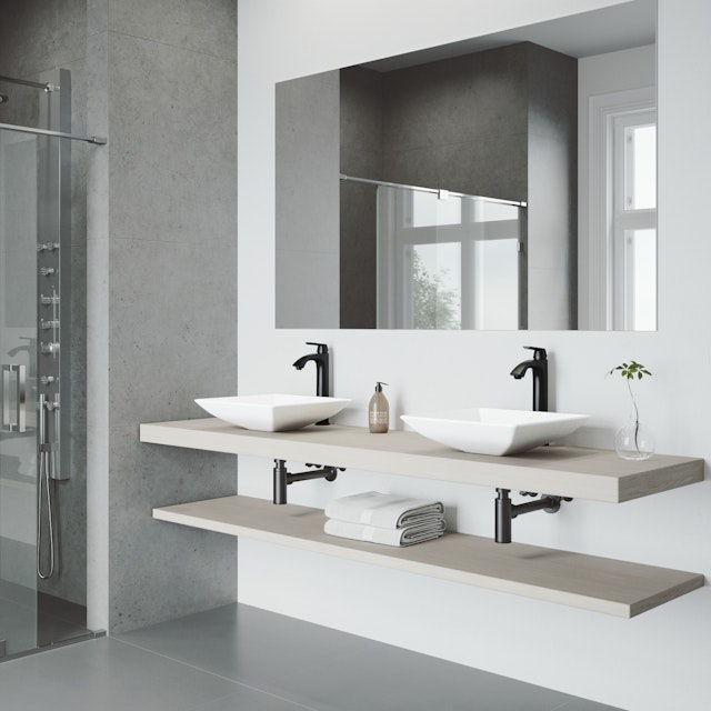 Matte Stone Hibiscus Composite Square Vessel Bathroom Sink in White with Linus Faucet and Pop-Up Drain - image 2 - other