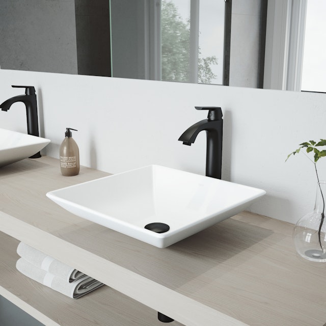 Matte Stone Hibiscus Composite Square Vessel Bathroom Sink in White with Linus Faucet and Pop-Up Drain - image 3 - other