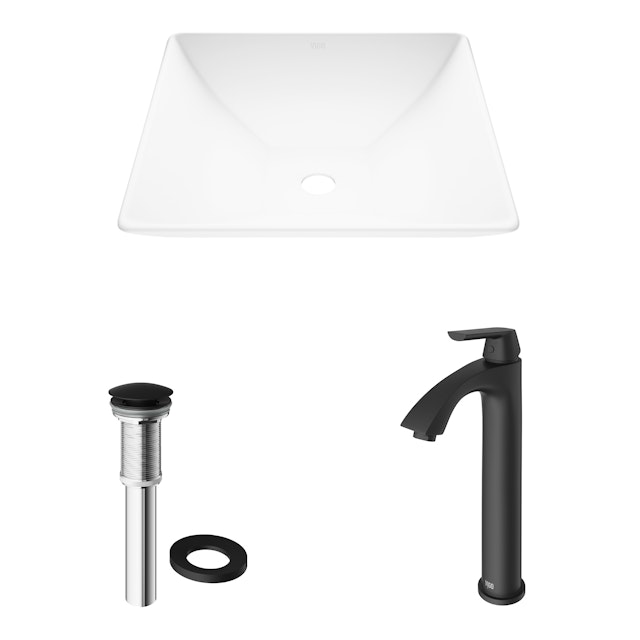 Matte Stone Hibiscus Composite Square Vessel Bathroom Sink in White with Linus Faucet and Pop-Up Drain - image 4 - other
