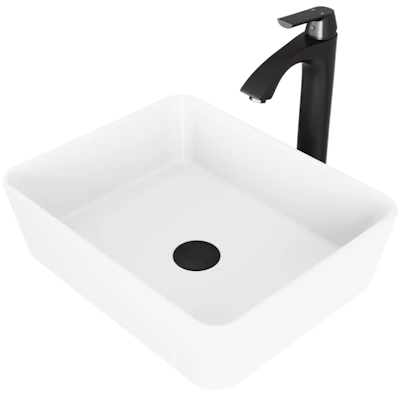 Matte Stone Marigold Composite Rectangular Vessel Bathroom Sink in White with Faucet and Pop-Up Drain