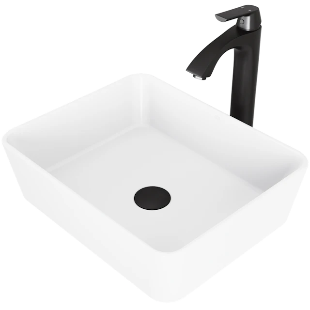 Matte Stone Marigold Composite Rectangular Vessel Bathroom Sink in White with Faucet and Pop-Up Drain - angle 1 - other