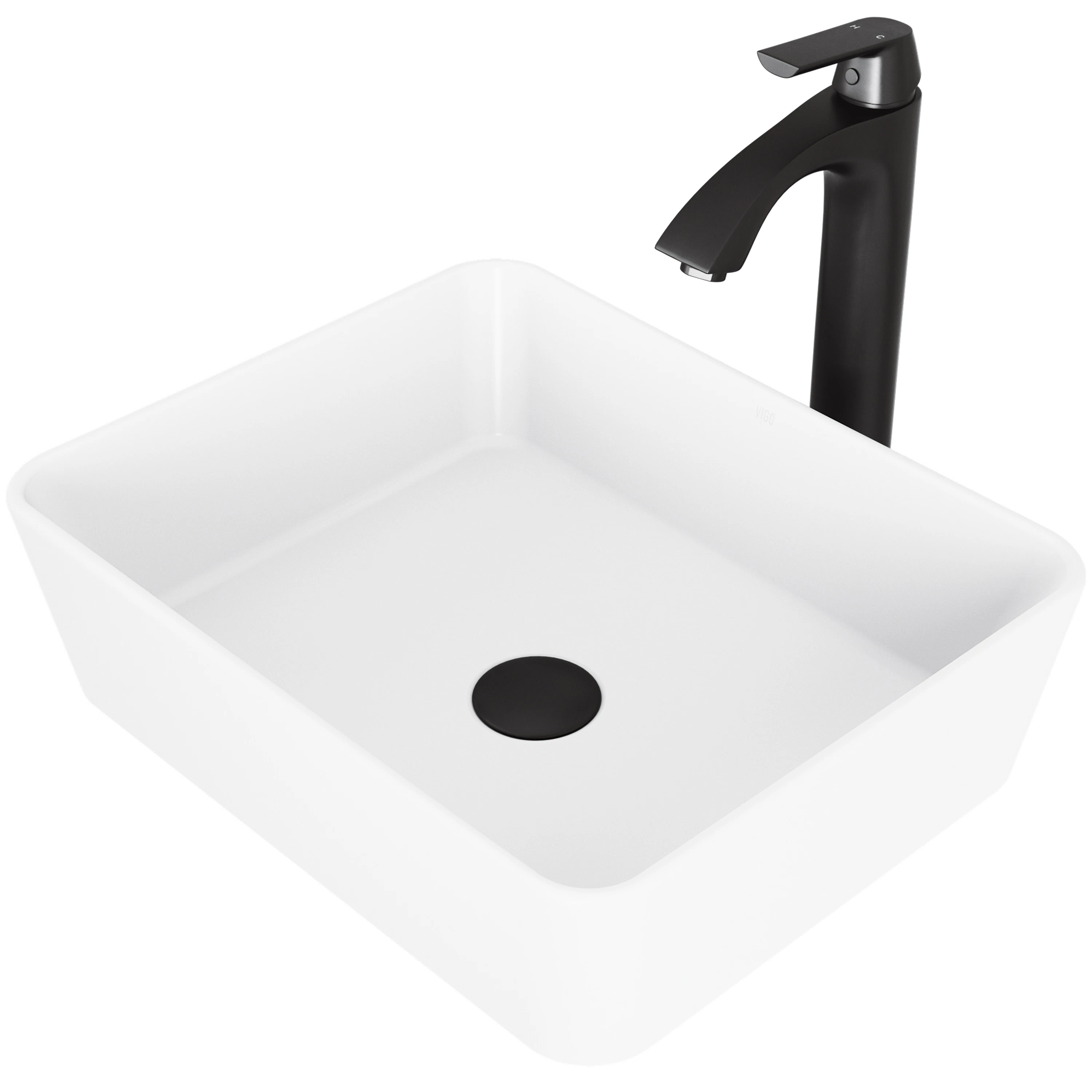 Matte Stone Marigold Composite Rectangular Vessel Bathroom Sink in White with Faucet and Pop-Up Drain