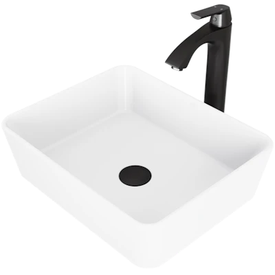 Matte Stone Marigold Composite Rectangular Vessel Bathroom Sink in White with Faucet and Pop-Up Drain