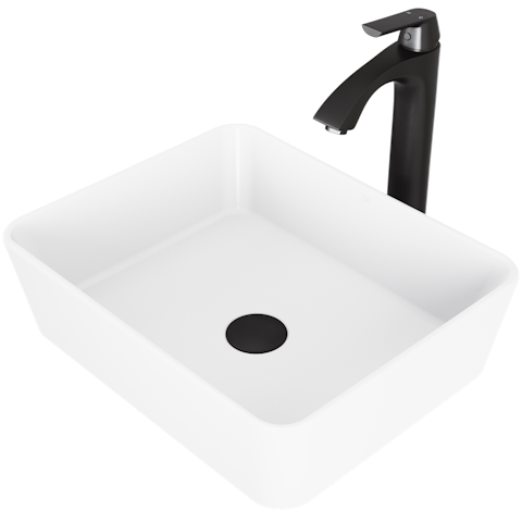 Matte Stone Marigold Composite Rectangular Vessel Bathroom Sink in White with Faucet and Pop-Up Drain - image 1 - other