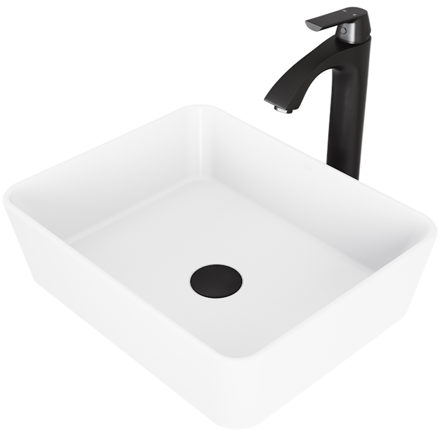 Matte Stone Marigold Composite Rectangular Vessel Bathroom Sink in White with Faucet and Pop-Up Drain - image 1 - other