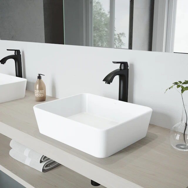 Matte Stone Marigold Composite Rectangular Vessel Bathroom Sink in White with Faucet and Pop-Up Drain - angle 3 - other