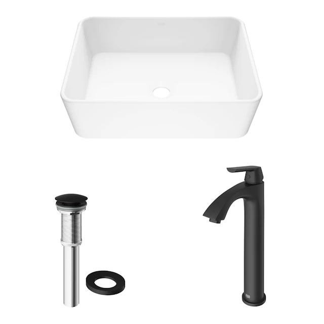 Matte Stone Marigold Composite Rectangular Vessel Bathroom Sink in White with Faucet and Pop-Up Drain - angle 4 - other