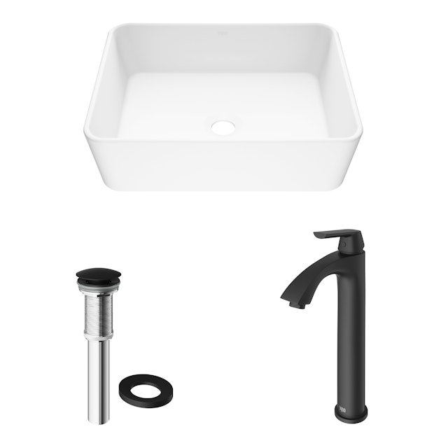 Matte Stone Marigold Composite Rectangular Vessel Bathroom Sink in White with Faucet and Pop-Up Drain - image 4 - other