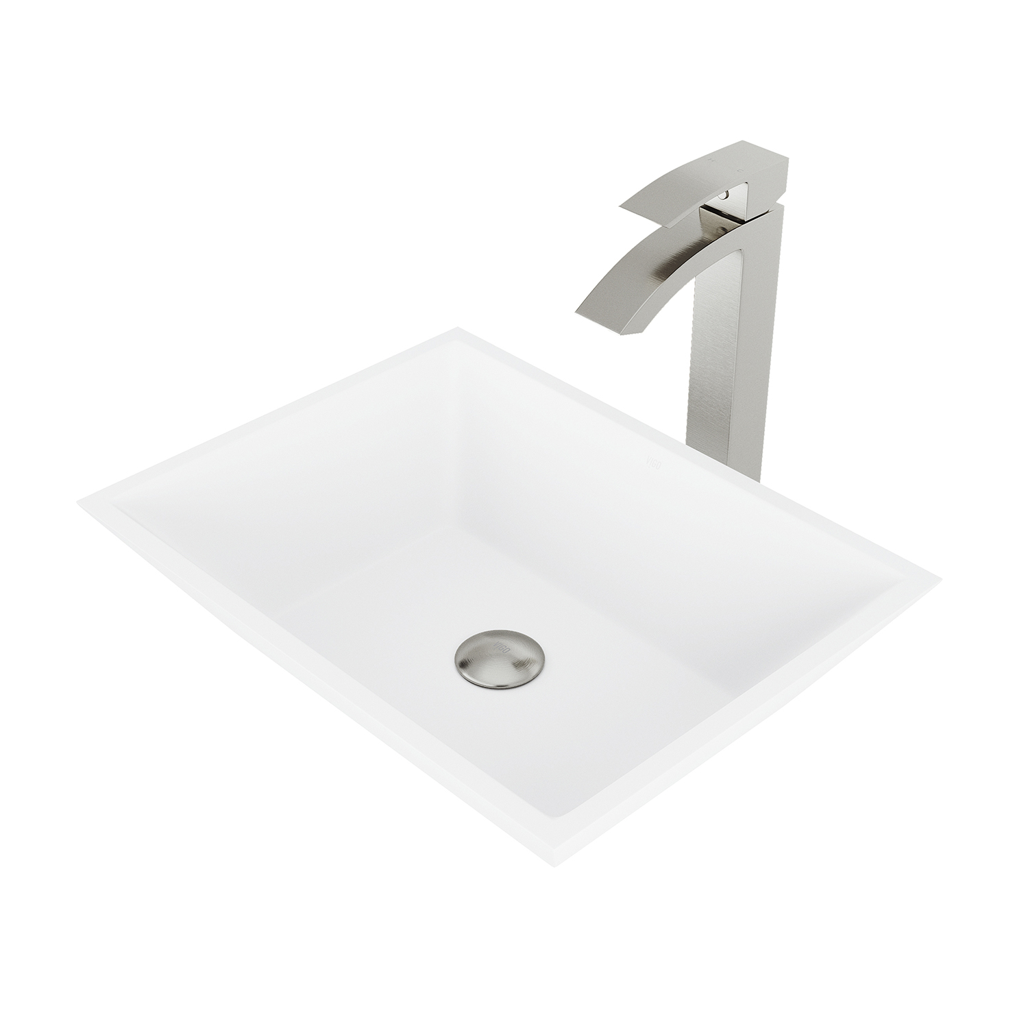 Matte Stone Vinca Composite Rectangular Vessel Bathroom Sink in White with Faucet and Pop-Up Drain