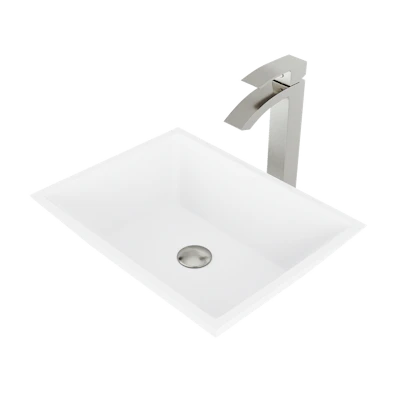 Matte Stone Vinca Composite Rectangular Vessel Bathroom Sink in White with Faucet and Pop-Up Drain
