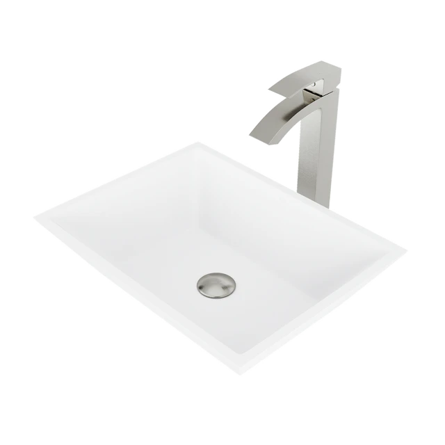 Matte Stone Vinca Composite Rectangular Vessel Bathroom Sink in White with Faucet and Pop-Up Drain - angle 1 - other