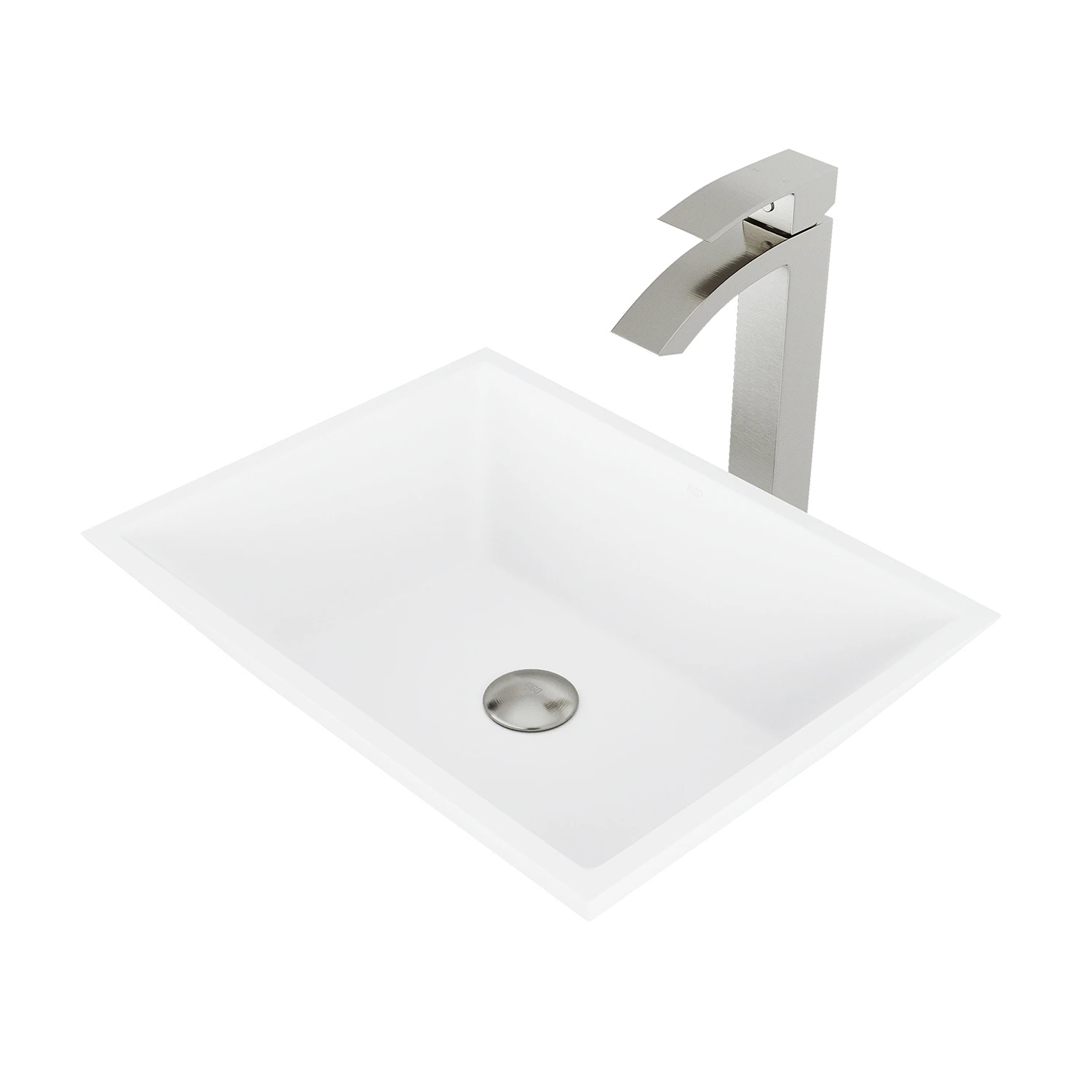 Matte Stone Vinca Composite Rectangular Vessel Bathroom Sink in White with Faucet and Pop-Up Drain