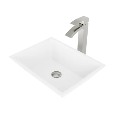 Matte Stone Vinca Composite Rectangular Vessel Bathroom Sink in White with Faucet and Pop-Up Drain
