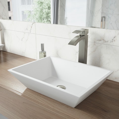 Matte Stone Vinca Composite Rectangular Vessel Bathroom Sink in White with Faucet and Pop-Up Drain - image 4 - other