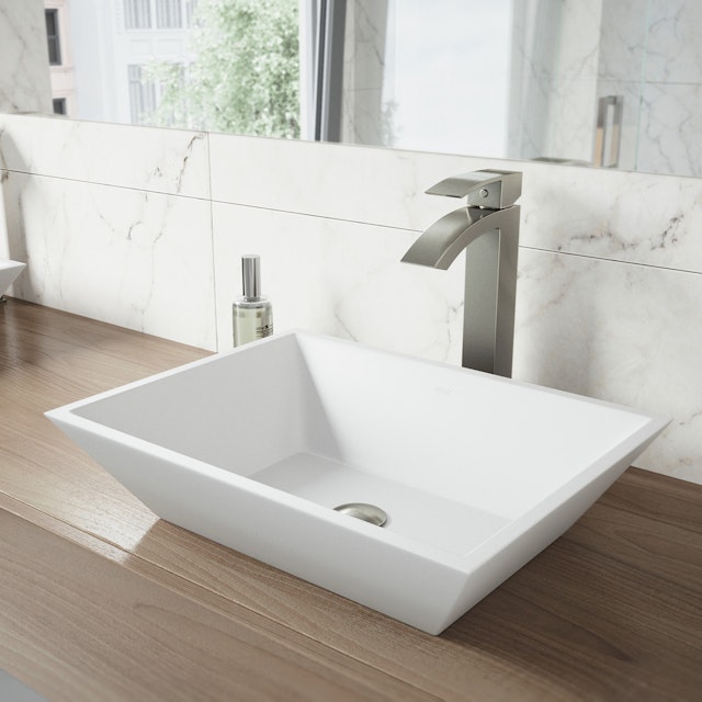 Matte Stone Vinca Composite Rectangular Vessel Bathroom Sink in White with Faucet and Pop-Up Drain - image 4 - other