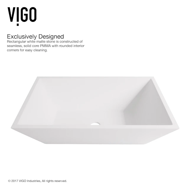 Matte Stone Vinca Composite Rectangular Vessel Bathroom Sink in White with Faucet and Pop-Up Drain - angle 7 - other