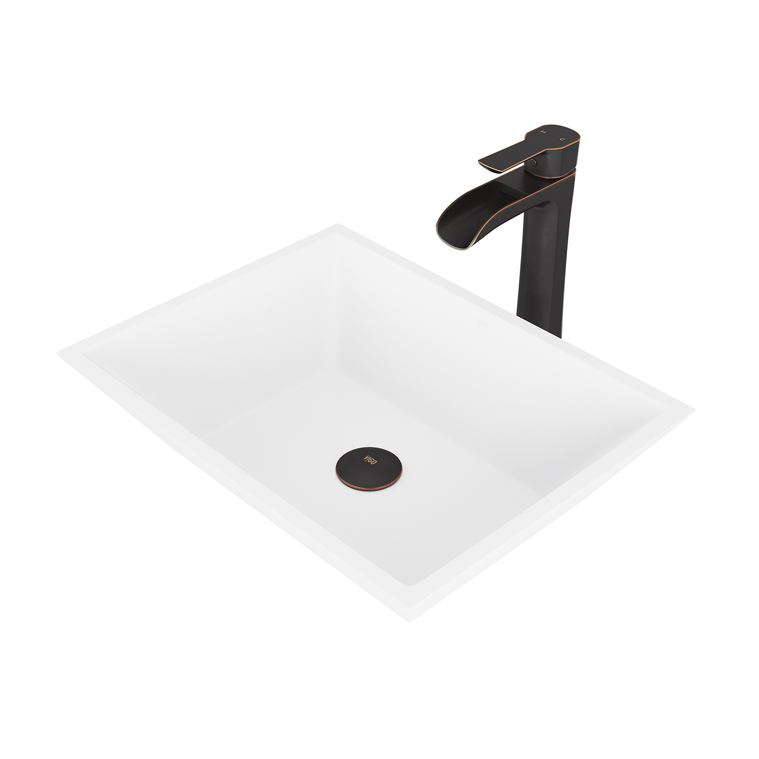 Matte Stone Vinca Composite Rectangular Vessel Bathroom Sink in White with Faucet and Pop-Up Drain in Antique Bronze