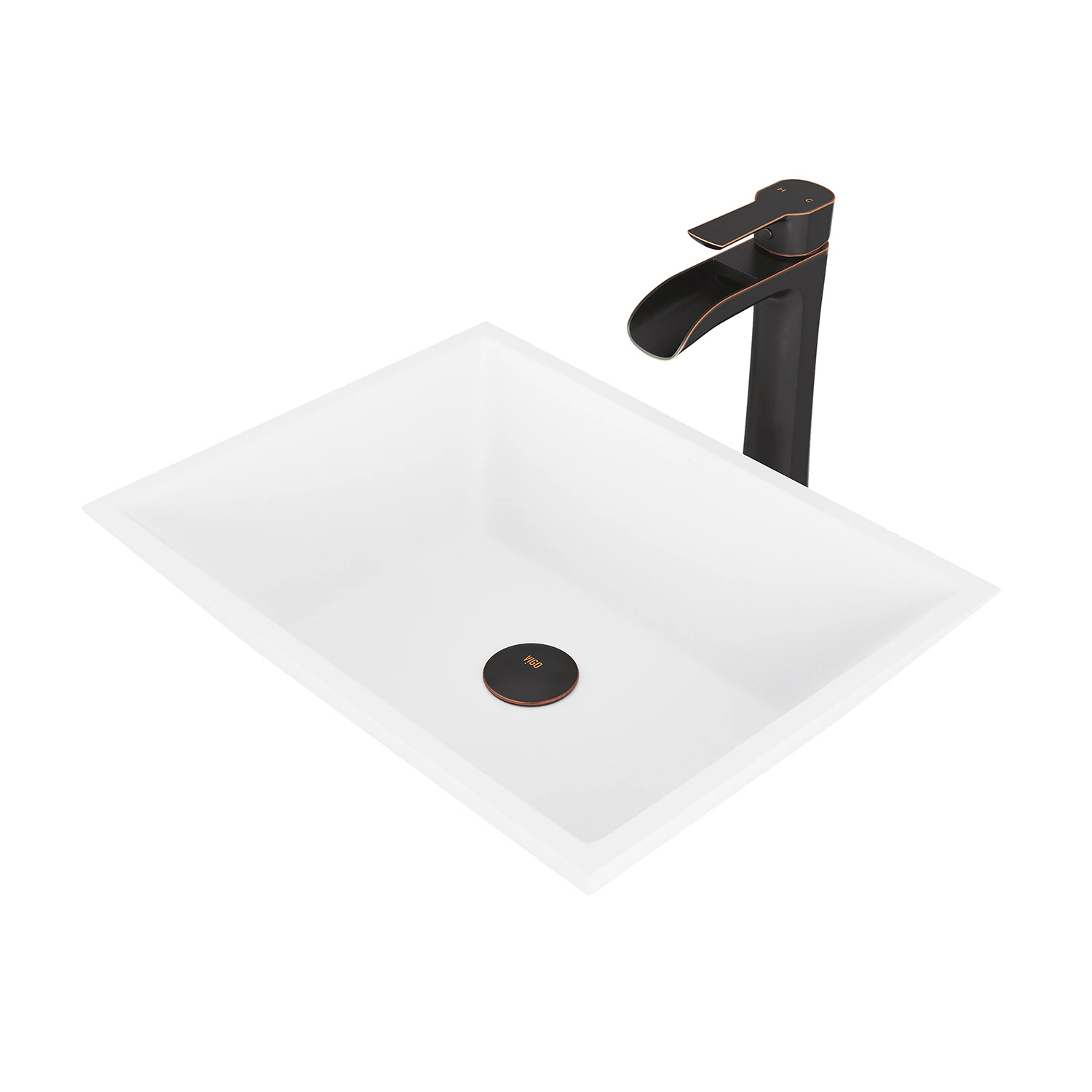 Matte Stone Vinca Composite Rectangular Vessel Bathroom Sink in White with Faucet and Pop-Up Drain in Antique Bronze