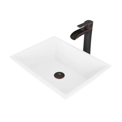 Matte Stone Vinca Composite Rectangular Vessel Bathroom Sink in White with Faucet and Pop-Up Drain in Antique Bronze