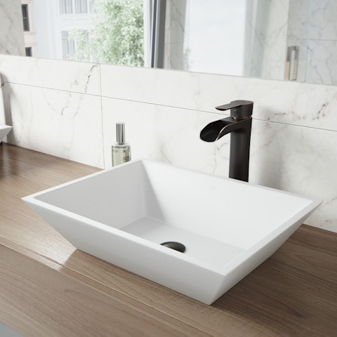 Matte Stone Vinca Composite Rectangular Vessel Bathroom Sink in White with Faucet and Pop-Up Drain in Antique Bronze - image 4 - other