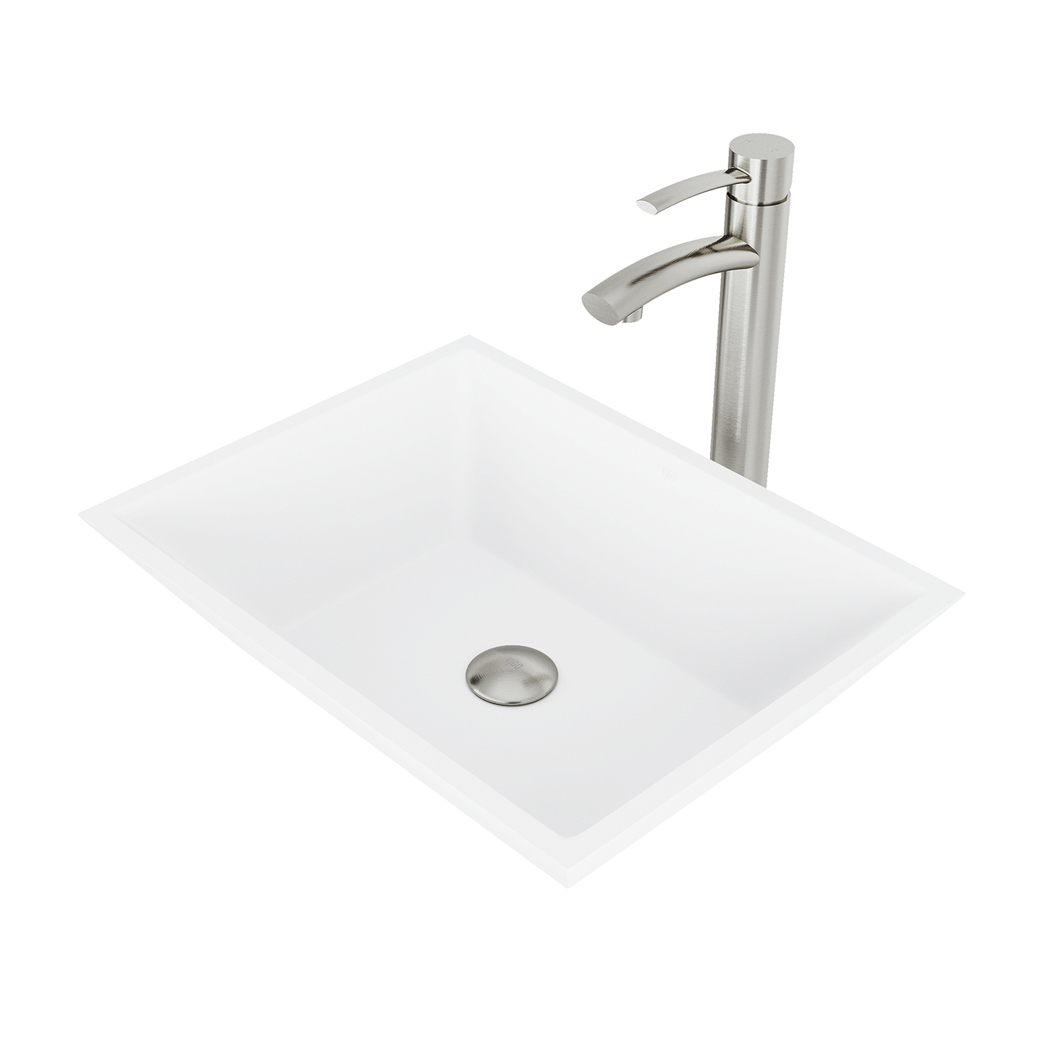 Matte Stone Vinca Composite Rectangular Vessel Bathroom Sink in White with Faucet and Pop-Up Drain