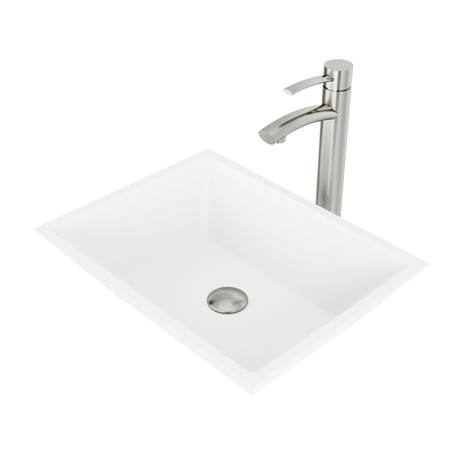 Matte Stone Vinca Composite Rectangular Vessel Bathroom Sink in White with Faucet and Pop-Up Drain