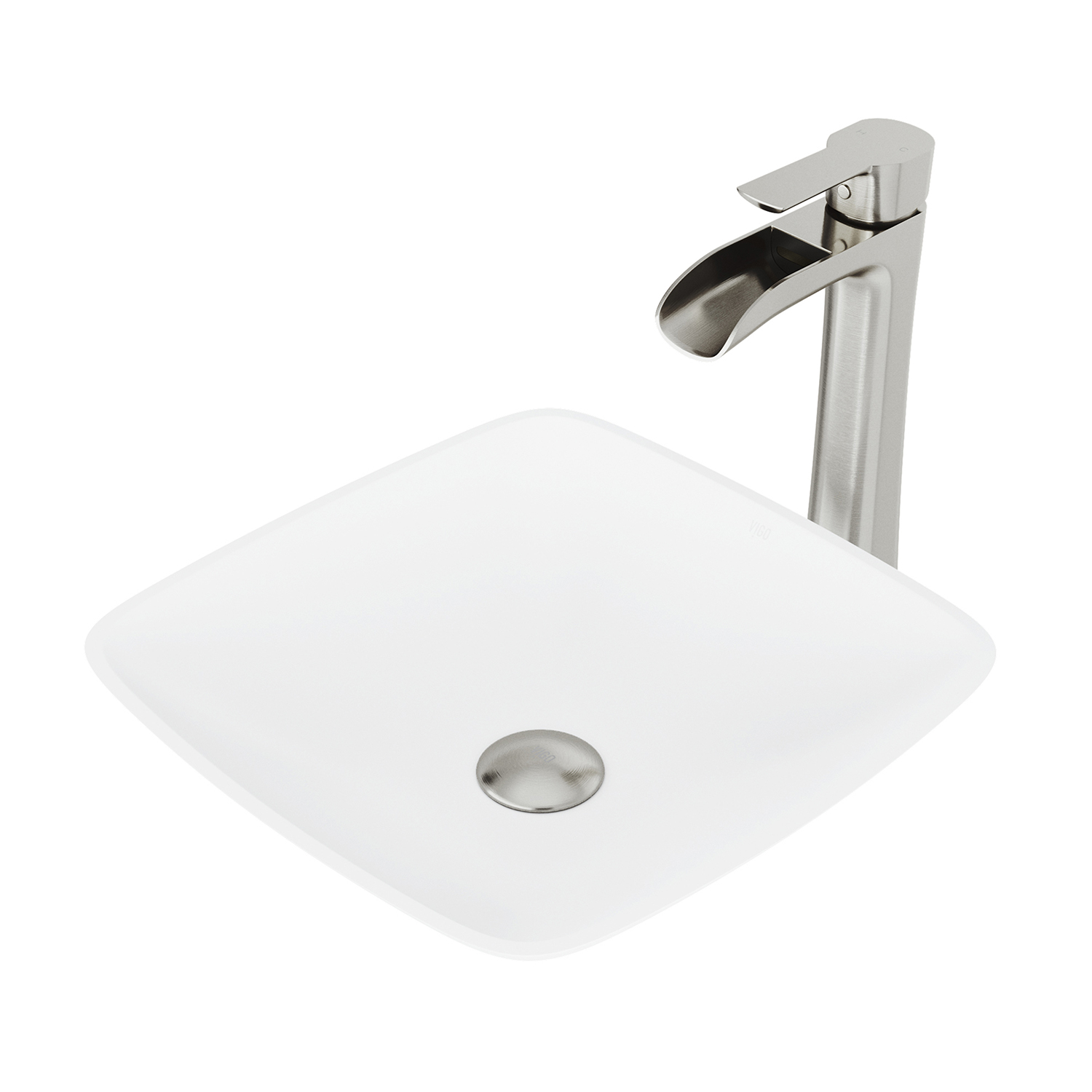 Matte Stone Hyacinth Composite Square Vessel Bathroom Sink in White with Niko Faucet and Pop-Up Drain
