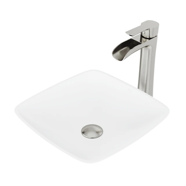 Matte Stone Hyacinth Composite Square Vessel Bathroom Sink in White with Niko Faucet and Pop-Up Drain - angle 1 - other