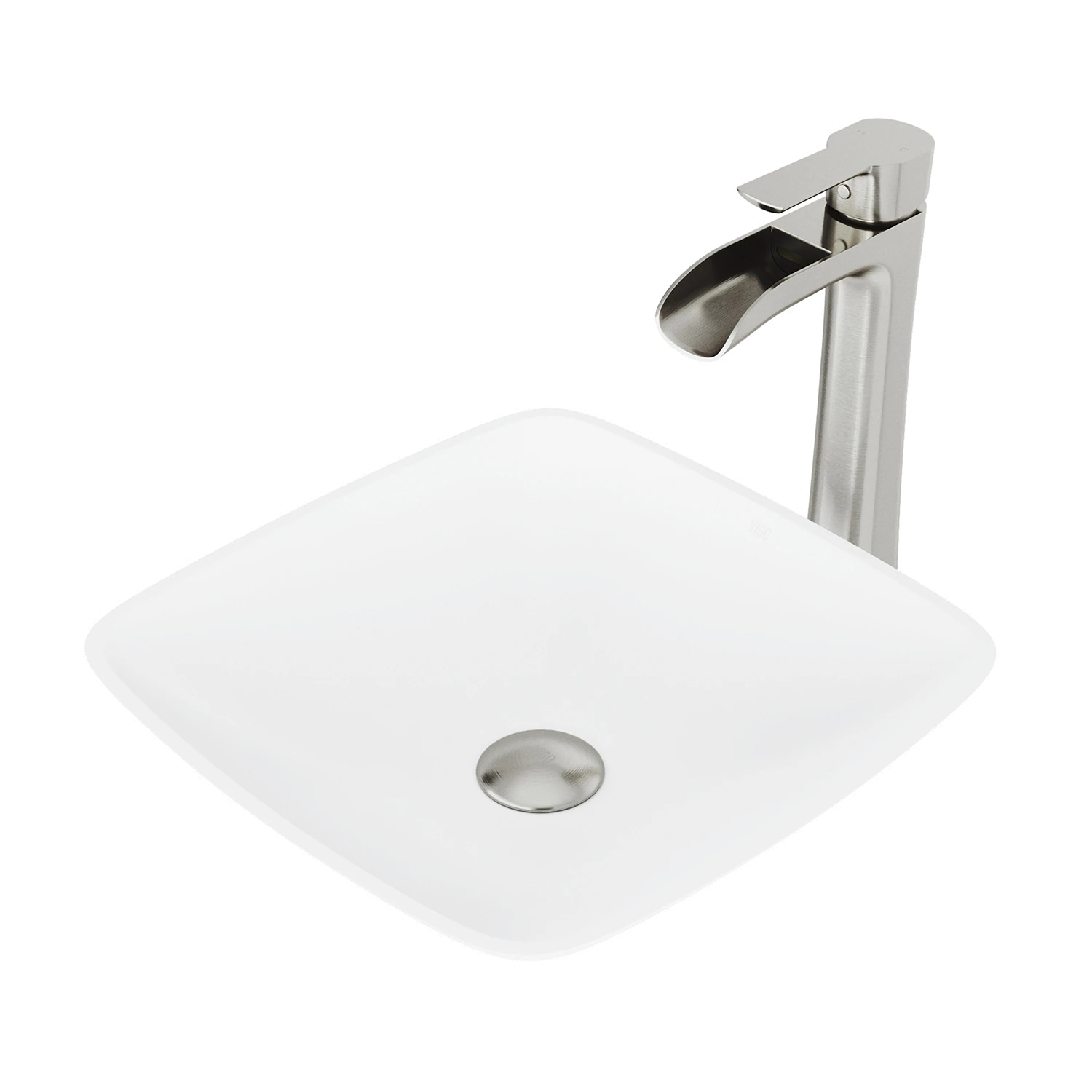 Matte Stone Hyacinth Composite Square Vessel Bathroom Sink in White with Niko Faucet and Pop-Up Drain
