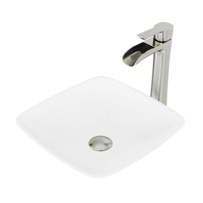Matte Stone Hyacinth Composite Square Vessel Bathroom Sink in White with Niko Faucet and Pop-Up Drain
