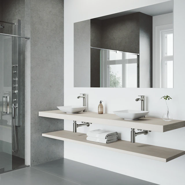 Matte Stone Hyacinth Composite Square Vessel Bathroom Sink in White with Niko Faucet and Pop-Up Drain - angle 2 - other