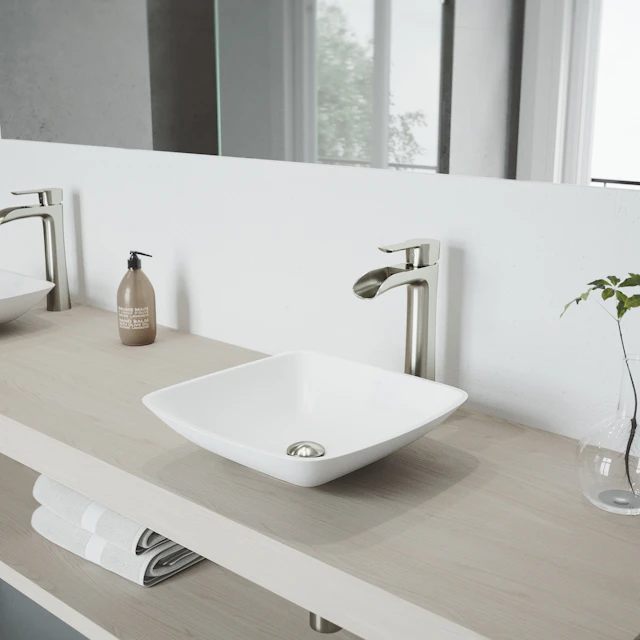 Matte Stone Hyacinth Composite Square Vessel Bathroom Sink in White with Niko Faucet and Pop-Up Drain - angle 4 - other
