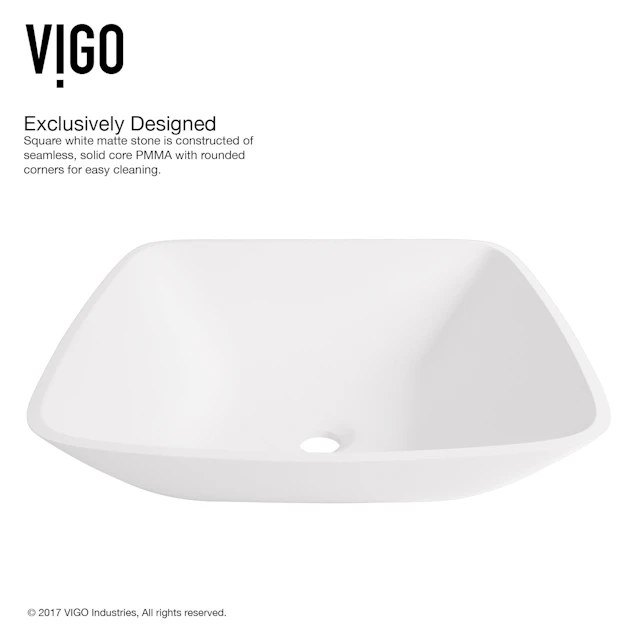 Matte Stone Hyacinth Composite Square Vessel Bathroom Sink in White with Niko Faucet and Pop-Up Drain - angle 7 - other