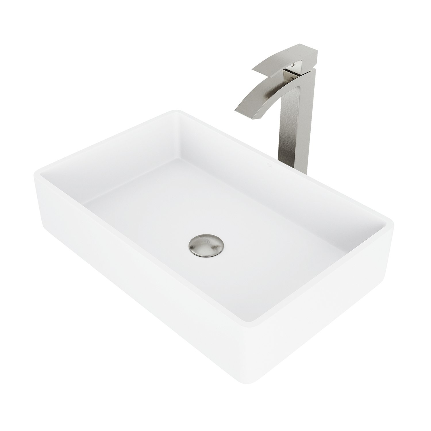 Matte Stone Magnolia Composite Rectangular Vessel Bathroom Sink in White with Faucet and Pop-Up Drain