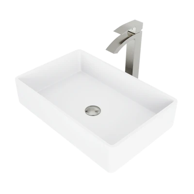 Matte Stone Magnolia Composite Rectangular Vessel Bathroom Sink in White with Faucet and Pop-Up Drain
