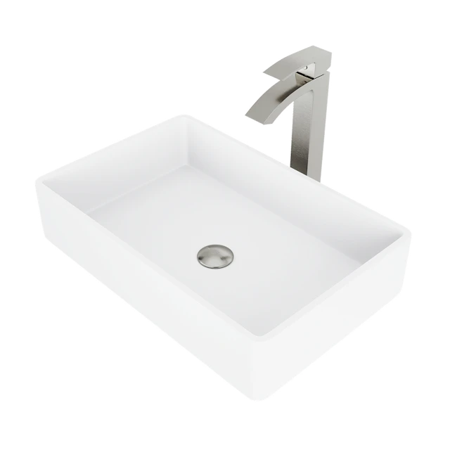 Matte Stone Magnolia Composite Rectangular Vessel Bathroom Sink in White with Faucet and Pop-Up Drain - angle 1 - other