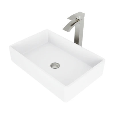 Matte Stone Magnolia Composite Rectangular Vessel Bathroom Sink in White with Faucet and Pop-Up Drain