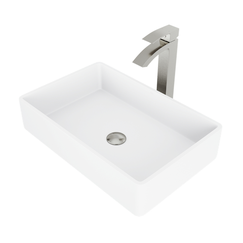 Matte Stone Magnolia Composite Rectangular Vessel Bathroom Sink in White with Faucet and Pop-Up Drain - image 1 - other