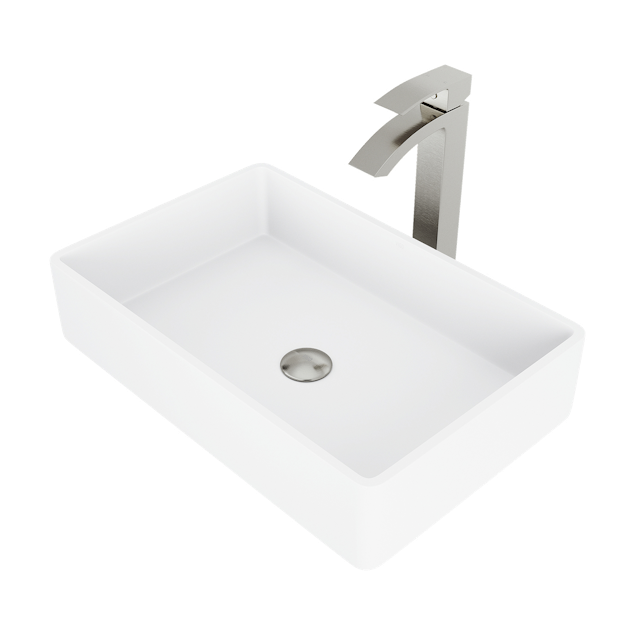 Matte Stone Magnolia Composite Rectangular Vessel Bathroom Sink in White with Faucet and Pop-Up Drain - image 1 - other