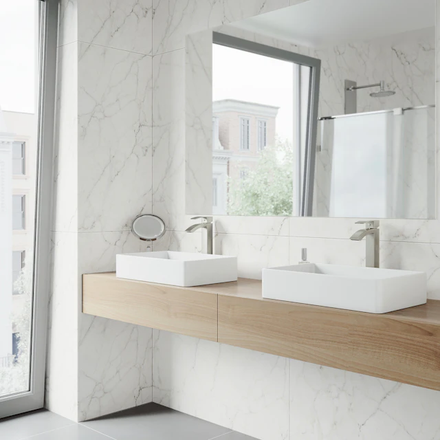 Matte Stone Magnolia Composite Rectangular Vessel Bathroom Sink in White with Faucet and Pop-Up Drain - angle 2 - other