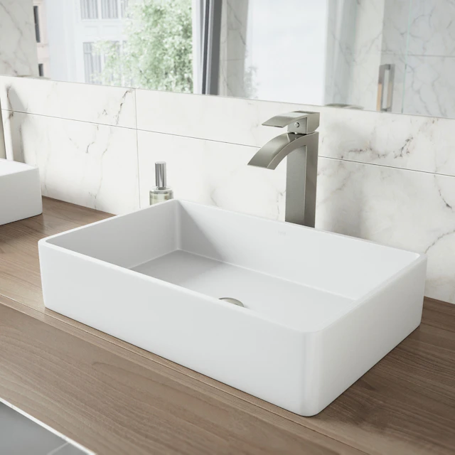 Matte Stone Magnolia Composite Rectangular Vessel Bathroom Sink in White with Faucet and Pop-Up Drain - angle 4 - other