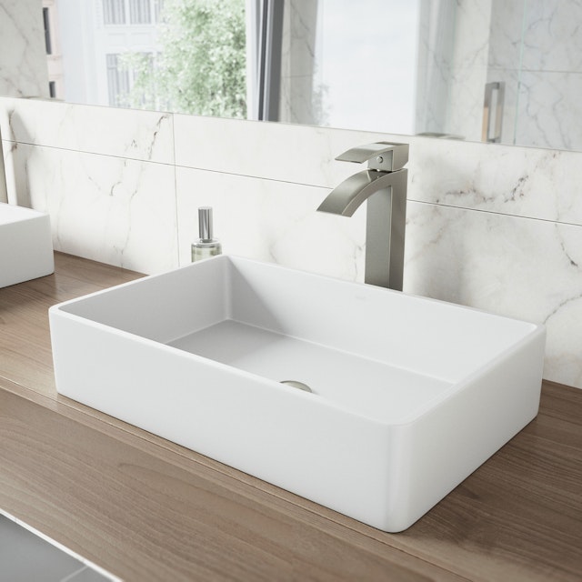 Matte Stone Magnolia Composite Rectangular Vessel Bathroom Sink in White with Faucet and Pop-Up Drain - image 4 - other