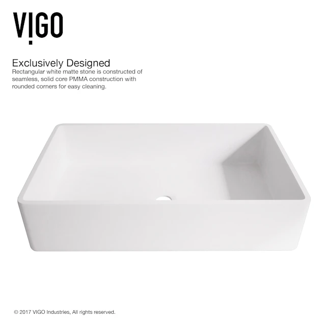 Matte Stone Magnolia Composite Rectangular Vessel Bathroom Sink in White with Faucet and Pop-Up Drain - angle 7 - other