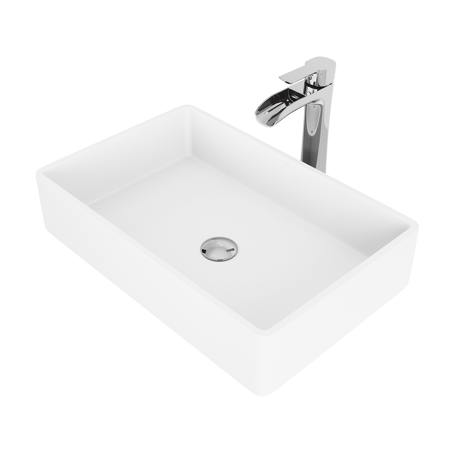 Matte Stone Magnolia Composite Rectangular Vessel Bathroom Sink in White with Niko Faucet and Pop-Up Drain