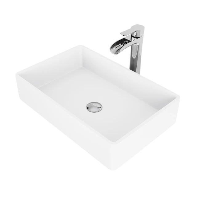 Matte Stone Magnolia Composite Rectangular Vessel Bathroom Sink in White with Niko Faucet and Pop-Up Drain - angle 1 - other