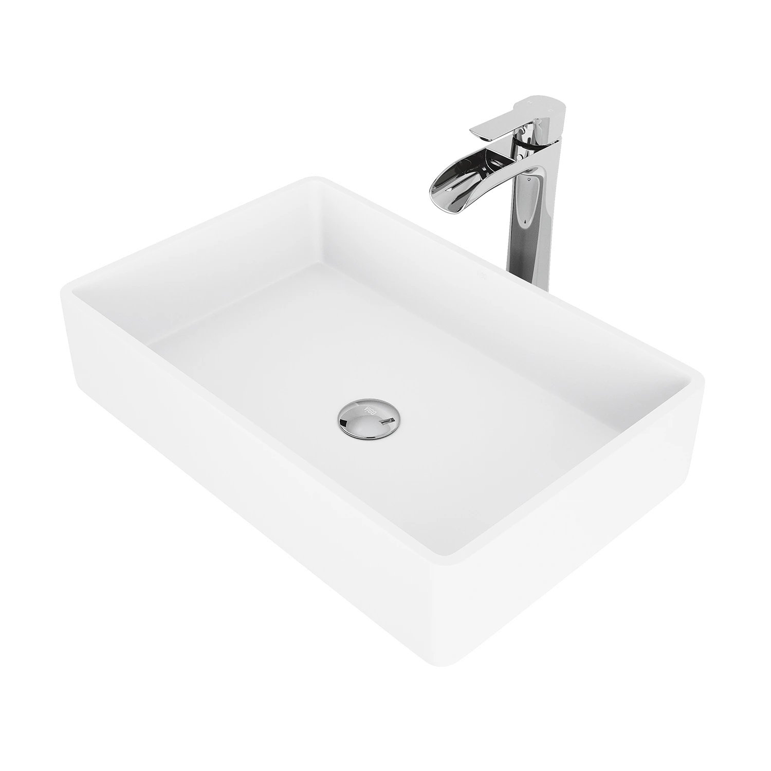 Matte Stone Magnolia Composite Rectangular Vessel Bathroom Sink in White with Niko Faucet and Pop-Up Drain