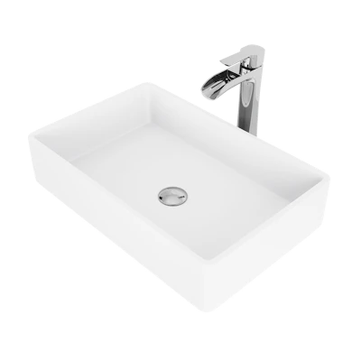 Matte Stone Magnolia Composite Rectangular Vessel Bathroom Sink in White with Niko Faucet and Pop-Up Drain