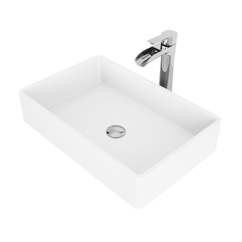 Matte Stone Magnolia Composite Rectangular Vessel Bathroom Sink in White with Niko Faucet and Pop-Up Drain - image 1 - other