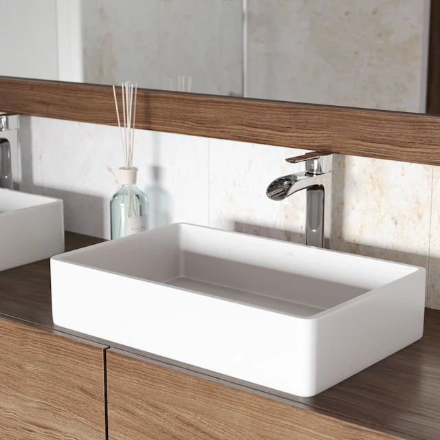 Matte Stone Magnolia Composite Rectangular Vessel Bathroom Sink in White with Niko Faucet and Pop-Up Drain - angle 4 - other