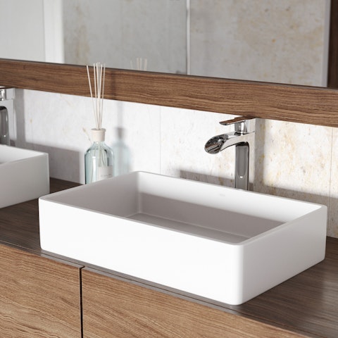 Matte Stone Magnolia Composite Rectangular Vessel Bathroom Sink in White with Niko Faucet and Pop-Up Drain - image 4 - other
